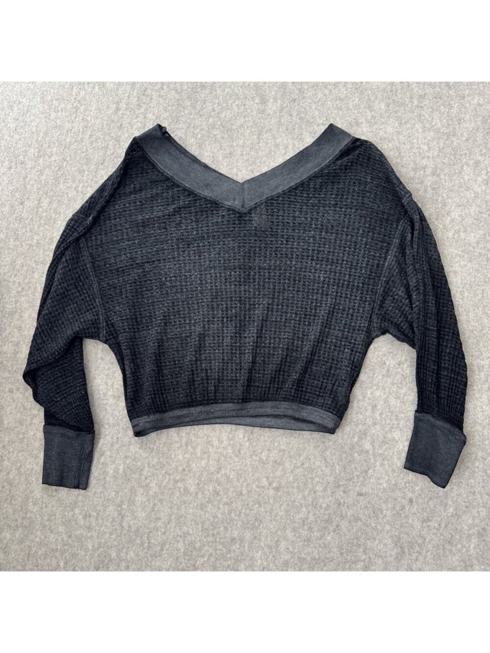 Free People Thermal V-Neck Top Womens XS Gray Waffle Knit Balloon Sleeve